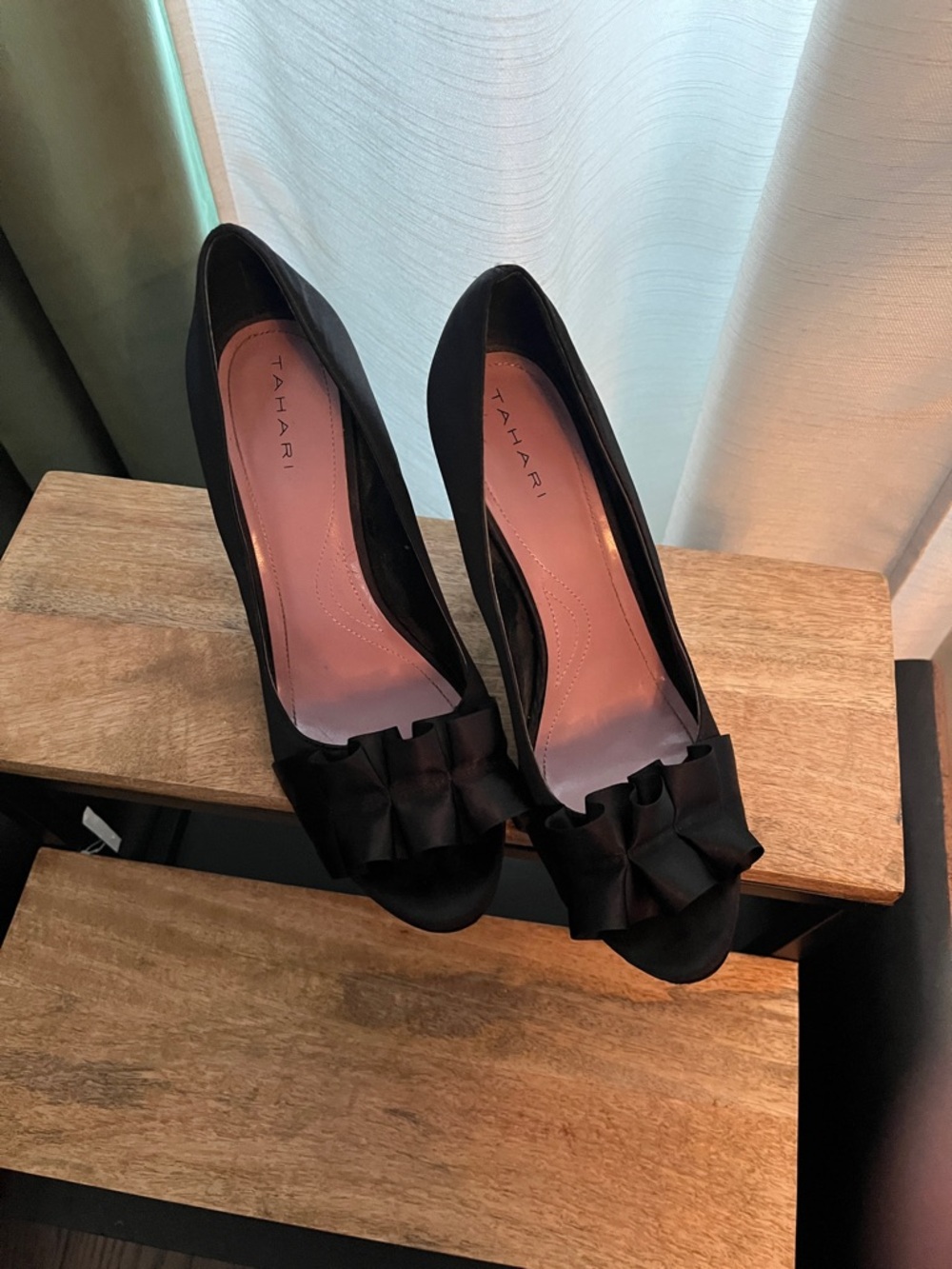 Tahari Black Satin Peep-Toe Heels with Bow Accent